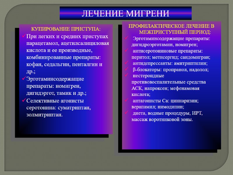 ЛЕЧЕНИЕ МИГРЕНИ КУПИРОВАНИЕ ПРИСТУПА: При легких и средних приступах  парацетамол, ацетилсалициловая кислота и